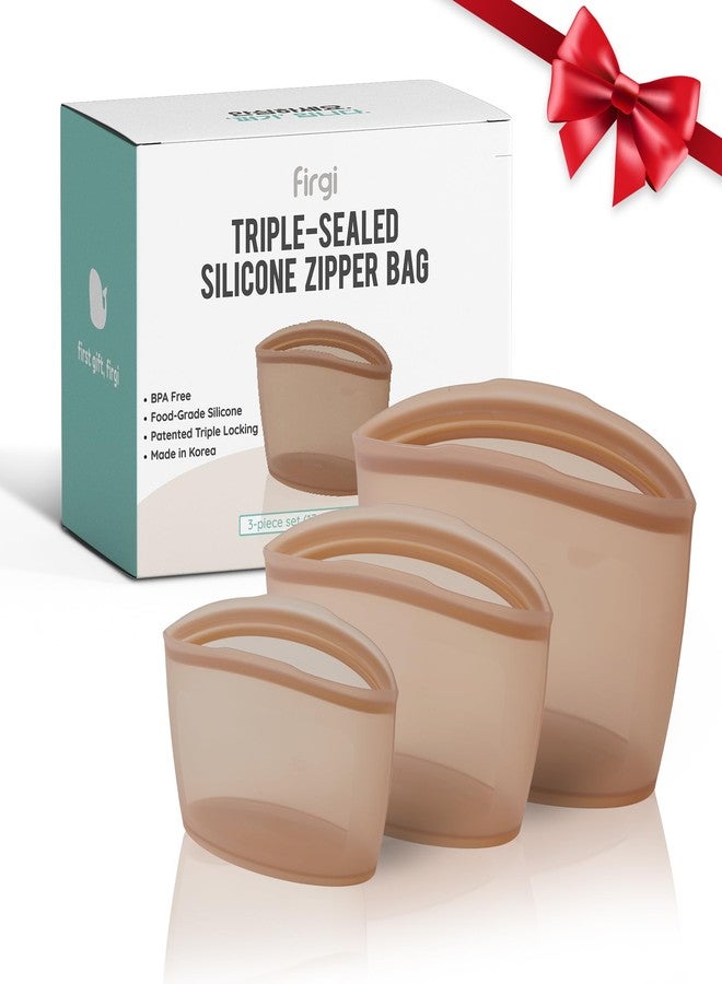 Firgi Premium Platinum Silicone Reusable Food Storage Bags 3-Pack (17 fl oz + 29 fl oz + 51 fl oz), Airtight Zip Lock Bags for Food, BPA-Free Silicone Freezer Bags, Brown - Image 1